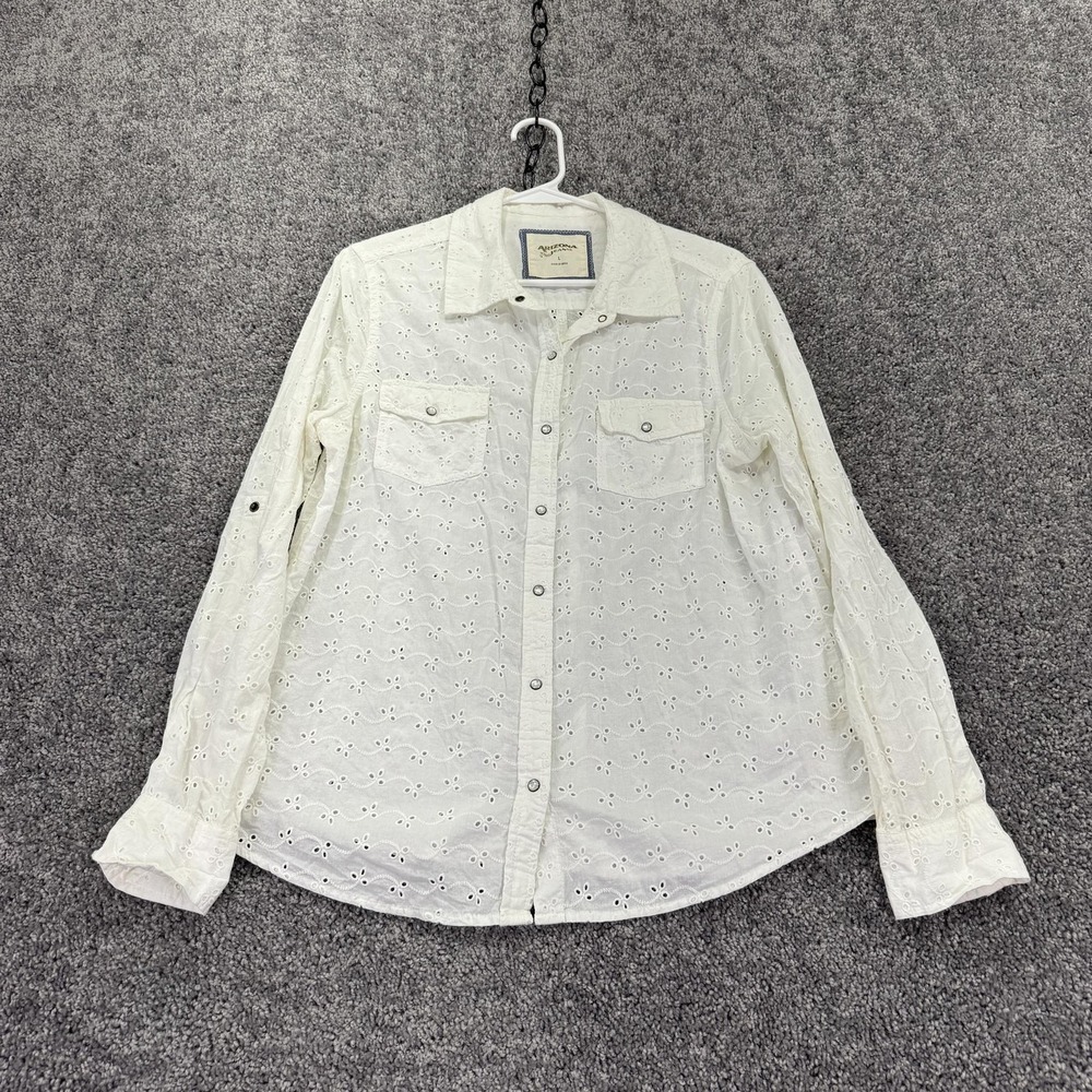 Arizona Jean Co. Shirt Womens Large White Eyelet Snap Button Cotton Long Sleeve